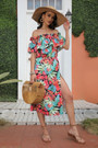 Summer New Stylish Batch Printing Inelastic Off-The-Shoulder Ruffle High Split Casual Midi Dress
