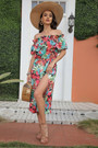 Summer New Stylish Batch Printing Inelastic Off-The-Shoulder Ruffle High Split Casual Midi Dress