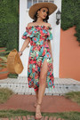 Summer New Stylish Batch Printing Inelastic Off-The-Shoulder Ruffle High Split Casual Midi Dress