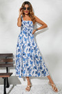 Summer New Stylish Batch Printing Inelastic Sling Pleated Backless Casual Midi Dress