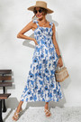 Summer New Stylish Batch Printing Inelastic Sling Pleated Backless Casual Midi Dress