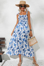 Summer New Stylish Batch Printing Inelastic Sling Pleated Backless Casual Midi Dress