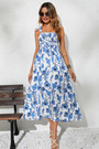 Summer New Stylish Batch Printing Inelastic Sling Pleated Backless Casual Midi Dress