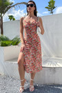 Summer New Stylish Batch Printing Inelastic Sling Zip-Up Good Quality High Slit Backless Sexy Midi Dress