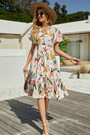 Summer New Stylish Batch Printing Inelastic V-Neck Casual Midi Dress