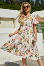 Summer New Stylish Batch Printing Inelastic V-Neck Casual Midi Dress