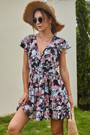 Summer New Stylish Batch Printing Inelastic With Belt V-Neck Ruffled Casual Mini Dress
