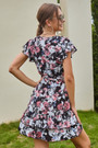 Summer New Stylish Batch Printing Inelastic With Belt V-Neck Ruffled Casual Mini Dress