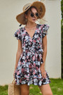Summer New Stylish Batch Printing Inelastic With Belt V-Neck Ruffled Casual Mini Dress