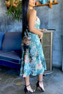 Summer New Stylish Batch Printing Sling Backless Stretch High Slit Sexy Midi Dress