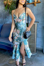 Summer New Stylish Batch Printing Sling Backless Stretch High Slit Sexy Midi Dress