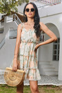 Summer New Stylish Batch Printing Sling Inelastic Backless Pleated Loose Casual Mini Dress