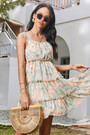 Summer New Stylish Batch Printing Sling Inelastic Backless Pleated Loose Casual Mini Dress