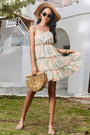 Summer New Stylish Batch Printing Sling Inelastic Backless Pleated Loose Casual Mini Dress