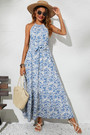 Summer New Stylish Batch Printing Sling With Belt Halter Neck Sleeveless Pleated Casual Maxi Dress