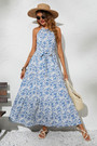 Summer New Stylish Batch Printing Sling With Belt Halter Neck Sleeveless Pleated Casual Maxi Dress