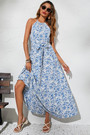 Summer New Stylish Batch Printing Sling With Belt Halter Neck Sleeveless Pleated Casual Maxi Dress