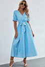 Summer New Stylish Batch Printing V-Neck Inelastic With Belt Ruffle Sleeve Casual Midi Dress