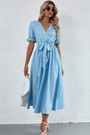 Summer New Stylish Batch Printing V-Neck Inelastic With Belt Ruffle Sleeve Casual Midi Dress