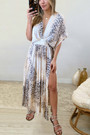 Summer New Stylish Deep V Neckline High Slit 4 Colors Non-Elastic Hollow Batch Printing S-2Xl Casual Maxi Dress
