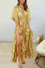Summer New Stylish Deep V Neckline High Slit 4 Colors Non-Elastic Hollow Batch Printing S-2Xl Casual Maxi Dress