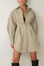 Summer New Stylish Five Colors Lapel Button Long Sleeve Shirring Casual Mini Dress