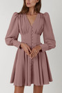 Summer New Stylish Five Colors V-Neck Puff Long Sleeves Solid Color Button Inelastic Casual Mini Dress