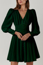 Summer New Stylish Five Colors V-Neck Puff Long Sleeves Solid Color Button Inelastic Casual Mini Dress