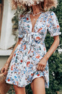 Summer New Stylish Floral Batch Printing Deep V-Neck Ruffle Lace-Up Short Sleeve Sexy Mini Dress