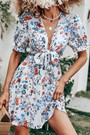 Summer New Stylish Floral Batch Printing Deep V-Neck Ruffle Lace-Up Short Sleeve Sexy Mini Dress