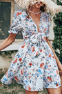Summer New Stylish Floral Batch Printing Deep V-Neck Ruffle Lace-Up Short Sleeve Sexy Mini Dress