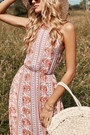 Summer New Stylish Floral Batch Printing Halter-Neck Lace-Up Backless Slit Sexy Maxi Dress