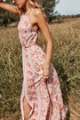 Summer New Stylish Floral Batch Printing Halter-Neck Lace-Up Backless Slit Sexy Maxi Dress