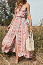 Summer New Stylish Floral Batch Printing Halter-Neck Lace-Up Backless Slit Sexy Maxi Dress