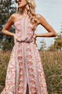 Summer New Stylish Floral Batch Printing Halter-Neck Lace-Up Backless Slit Sexy Maxi Dress