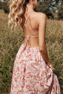 Summer New Stylish Floral Batch Printing Halter-Neck Lace-Up Backless Slit Sexy Maxi Dress