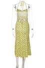 Summer New Stylish Floral Batch Printing Halter-Neck Lace-Up Hollow Stretch High Slit Backless Sexy Midi Dress