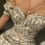 Summer New Stylish Floral Batch Printing High Split Off Shoulder Ruffle Lace-Up Slim Tweed Sexy Stretch Midi Dress