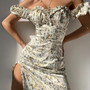 Summer New Stylish Floral Batch Printing High Split Off Shoulder Ruffle Lace-Up Slim Tweed Sexy Stretch Midi Dress