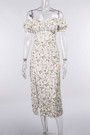 Summer New Stylish Floral Batch Printing High Split Off Shoulder Ruffle Lace-Up Slim Tweed Sexy Stretch Midi Dress