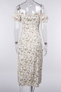 Summer New Stylish Floral Batch Printing High Split Off Shoulder Ruffle Lace-Up Slim Tweed Sexy Stretch Midi Dress