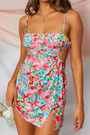 Summer New Stylish Floral Batch Printing Hollow Zip-Up Adjustable Sling Stretch Slim Slit Sexy Mini Dress