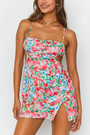 Summer New Stylish Floral Batch Printing Hollow Zip-Up Adjustable Sling Stretch Slim Slit Sexy Mini Dress