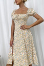 Summer New Stylish Floral Batch Printing Inelastic High Split Square Neckline Hollow Lace-Up Casual Midi Dress