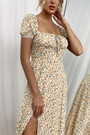 Summer New Stylish Floral Batch Printing Inelastic High Split Square Neckline Hollow Lace-Up Casual Midi Dress