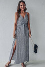 Summer New Stylish Floral Batch Printing Inelastic Split Backless Casual Maxi Dress With Belt