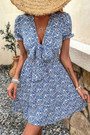 Summer New Stylish Floral Batch Printing Inelastic V-Neck Lace-Up Short Sleeves Casual Mini Dress
