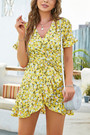 Summer New Stylish Floral Batch Printing Inelastic V-Neck Ruffle Lace-Up Irregular Fresh Casual Mini Dress