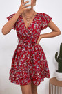 Summer New Stylish Floral Batch Printing Inelastic With Belt V-Neck Casual Mini Dress