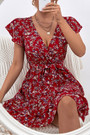 Summer New Stylish Floral Batch Printing Inelastic With Belt V-Neck Casual Mini Dress